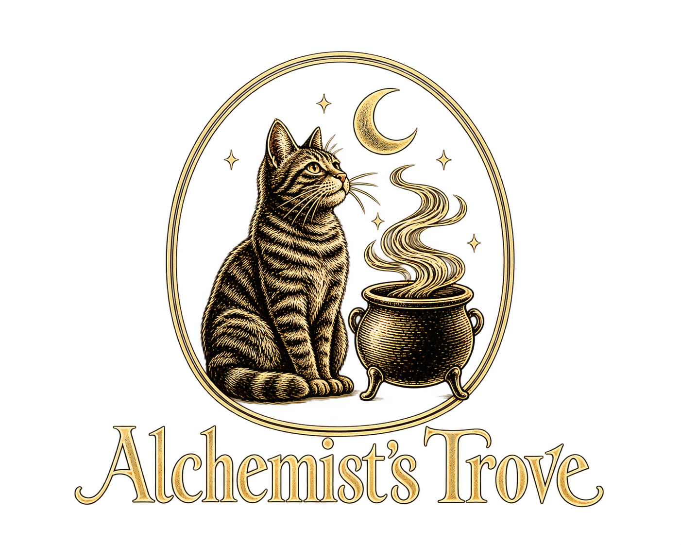 Alchemist’s Trove — a cat beside a steaming cauldron